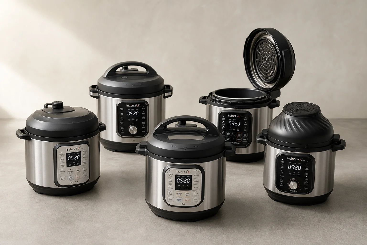 五款 Instant Pot 型號陳列在水泥檯面上