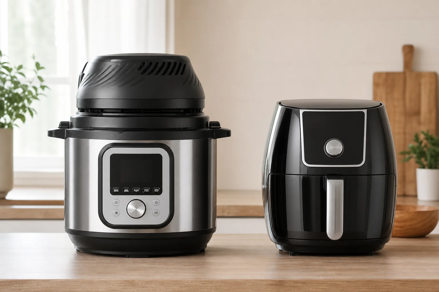 廚房檯面上的 Instant Pot 配備氣炸鍋蓋，旁邊放著傳統氣炸鍋