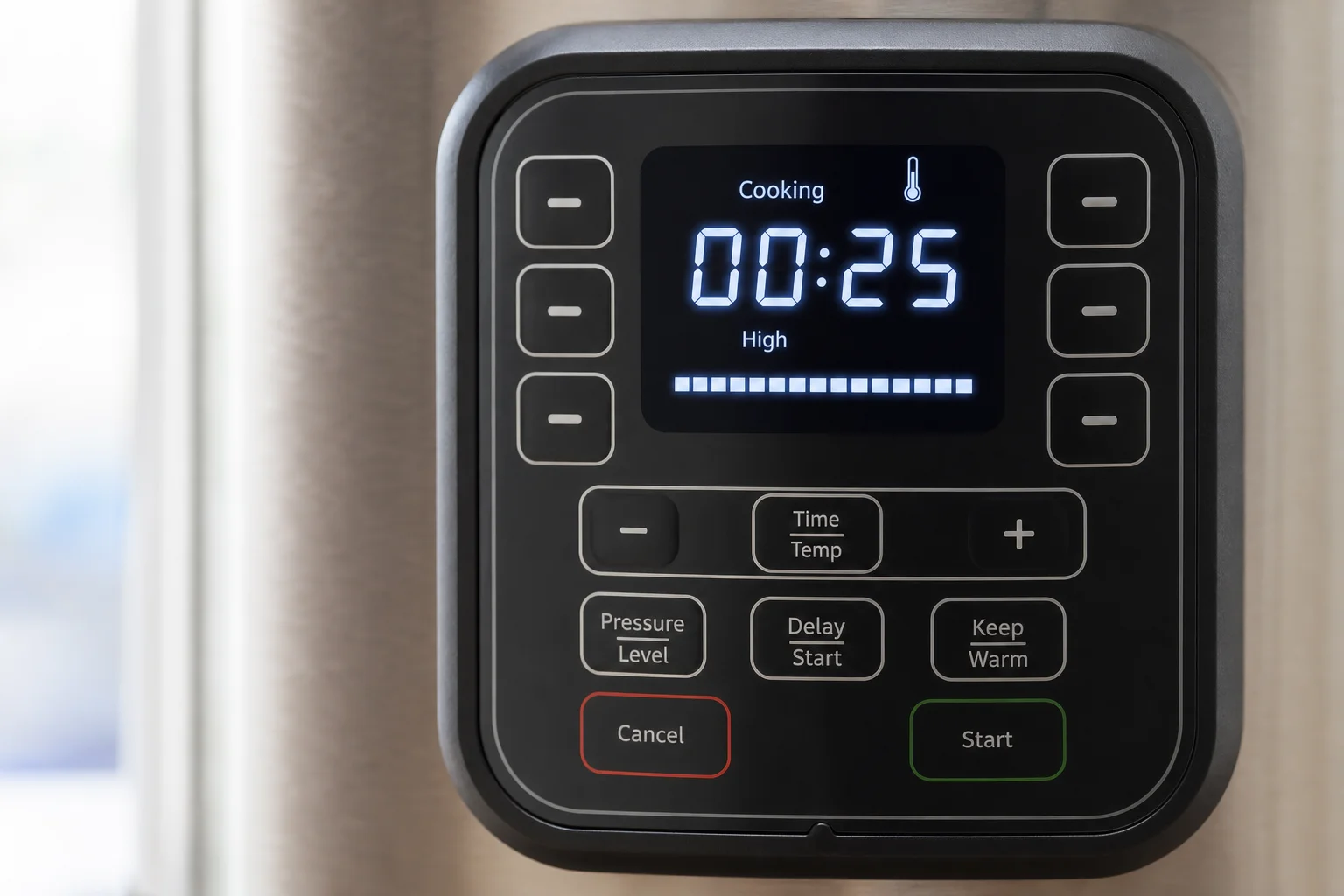 Instant Pot 的數位顯示螢幕，顯示烹飪狀態與計時器資訊