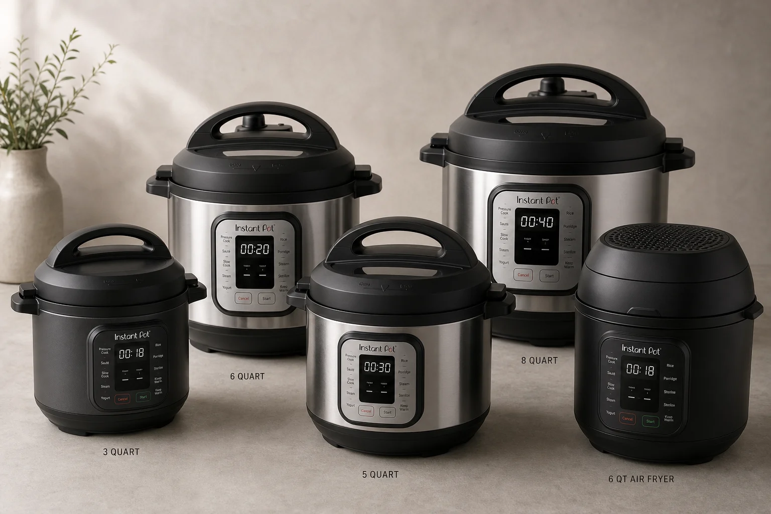在水泥檯面上擺放著各種尺寸、配有不同鍋蓋的 Instant Pot 型號系列