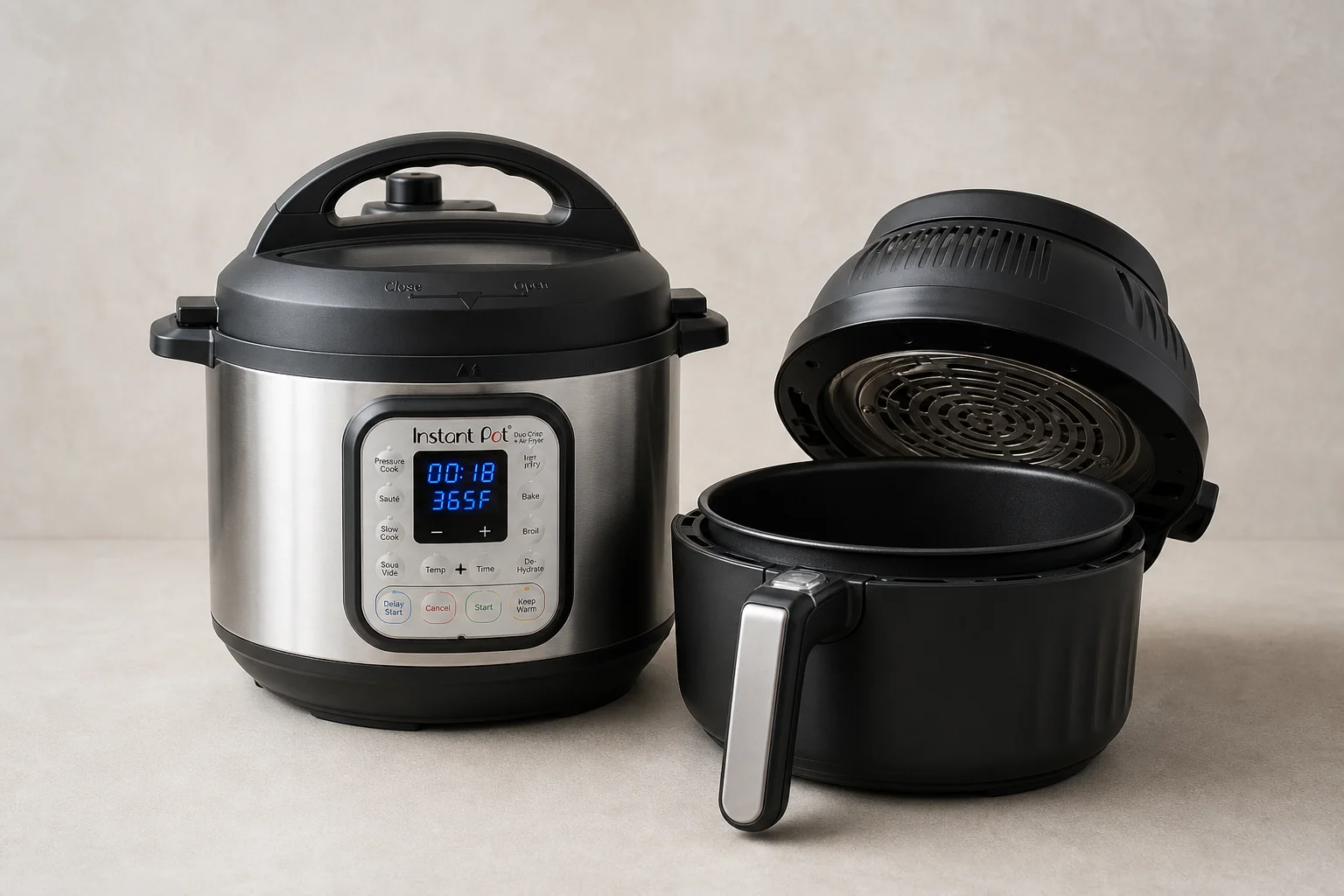 五款 Instant Pot 型號排列在混凝土表面上的合照