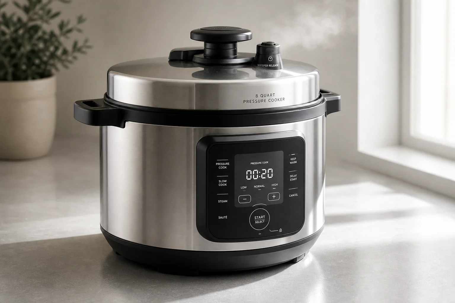 五款不同尺寸的 Instant Pot 依序排列在水泥地面上