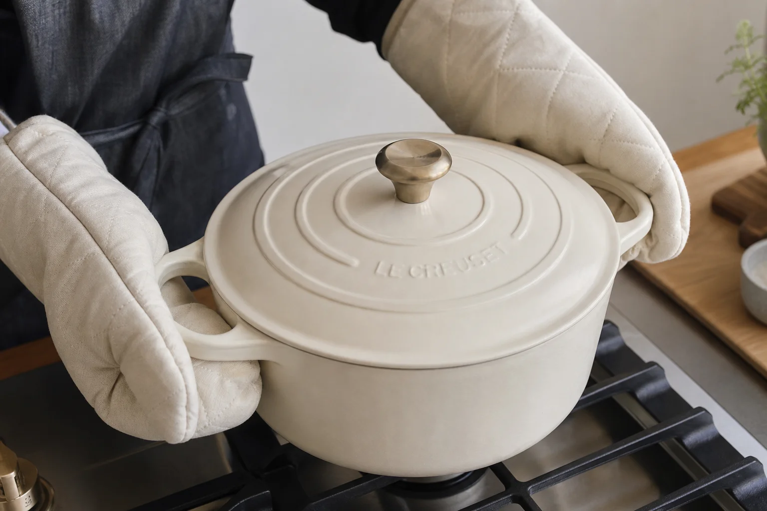 Hands in oven mitts gripping broad looped handles of a heavy Dutch oven