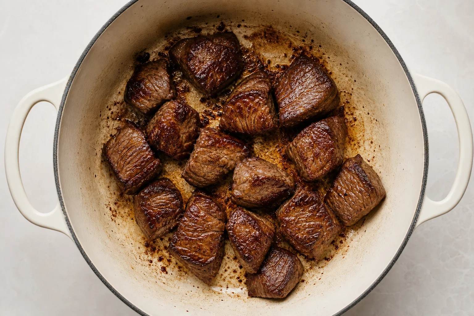 Interior of light-colored Dutch oven showing seared meat with visible browning