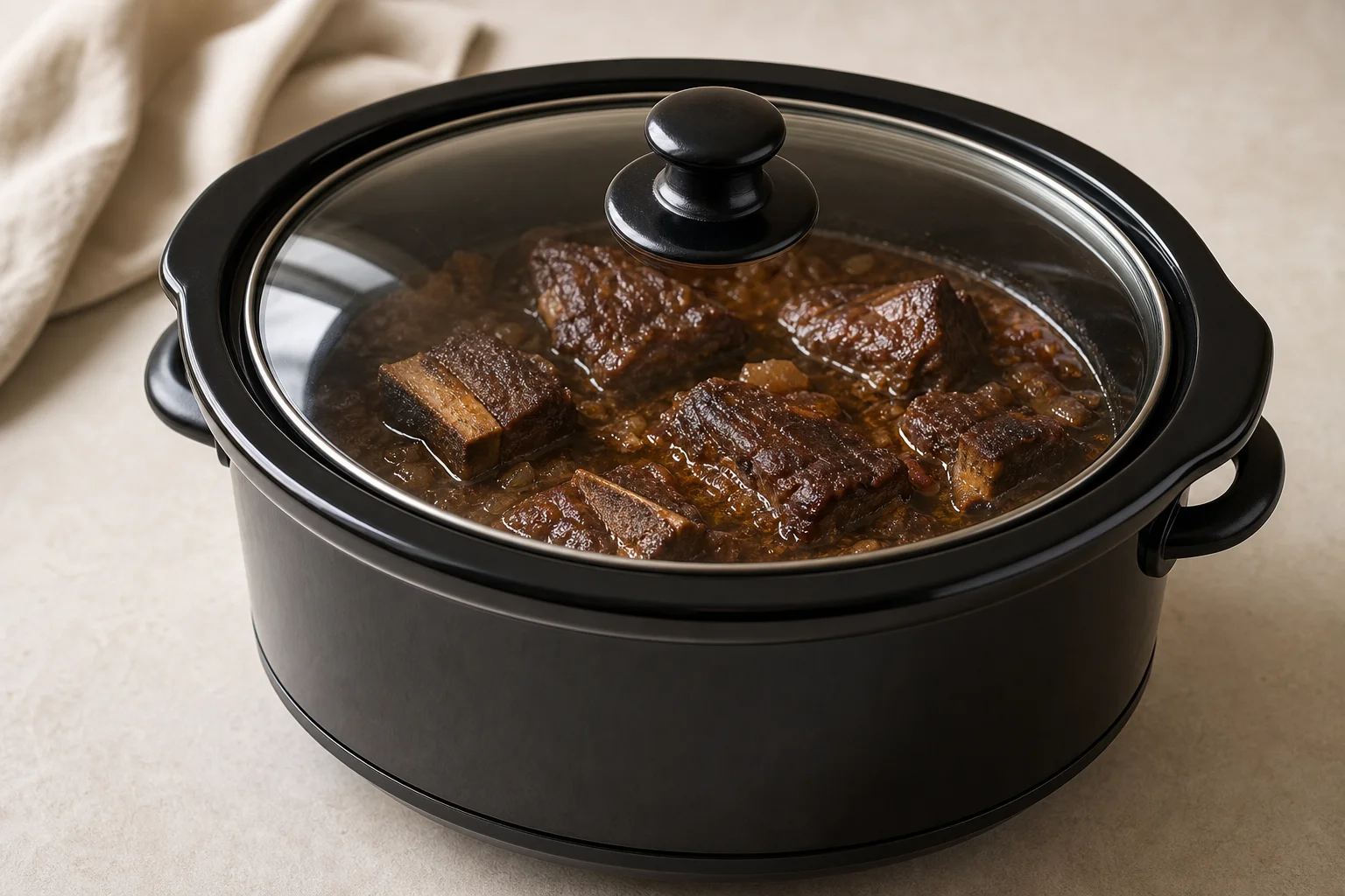 Slow cooker with glass lid showing braised short ribs in rich sauce