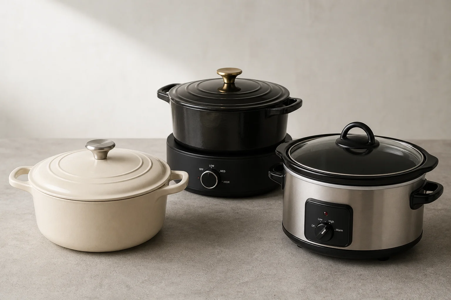Three kitchen cookware vessels: cream Dutch oven, black Dutch oven with base, and slow cooker with glass lid