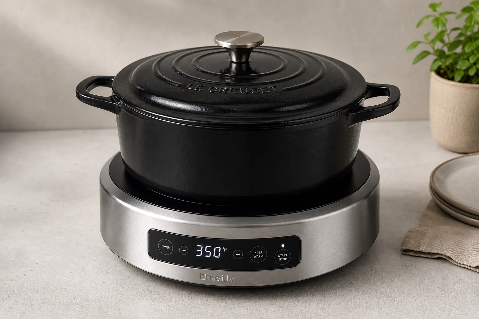 Three kitchen cookware vessels: cream Dutch oven, black Dutch oven with base, and slow cooker with glass lid