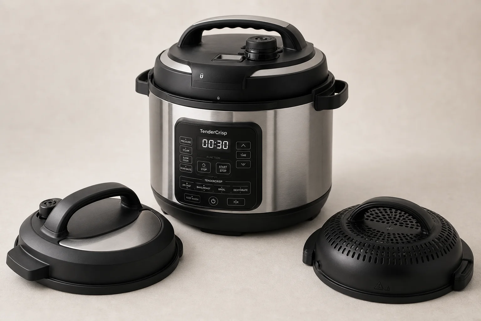 五款不同尺寸的 Instant Pot 產品排列在水泥地面上