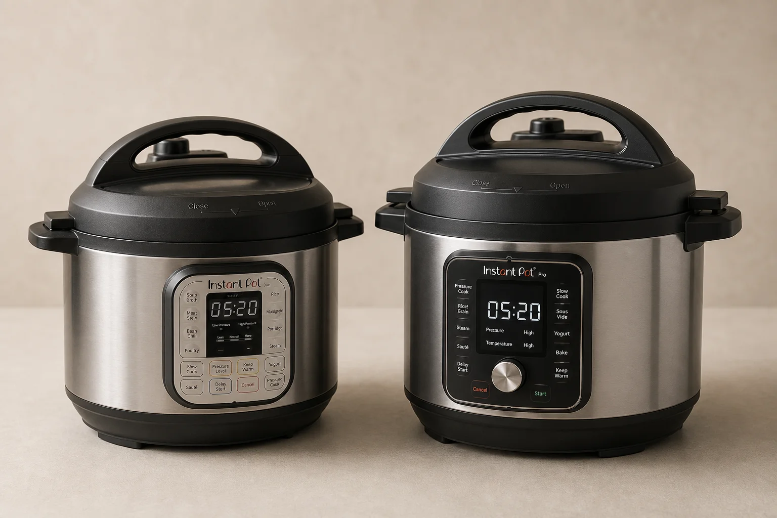 Instant Pot Duo 與 Instant Pot Pro 多功能壓力鍋並排擺放在中性背景前