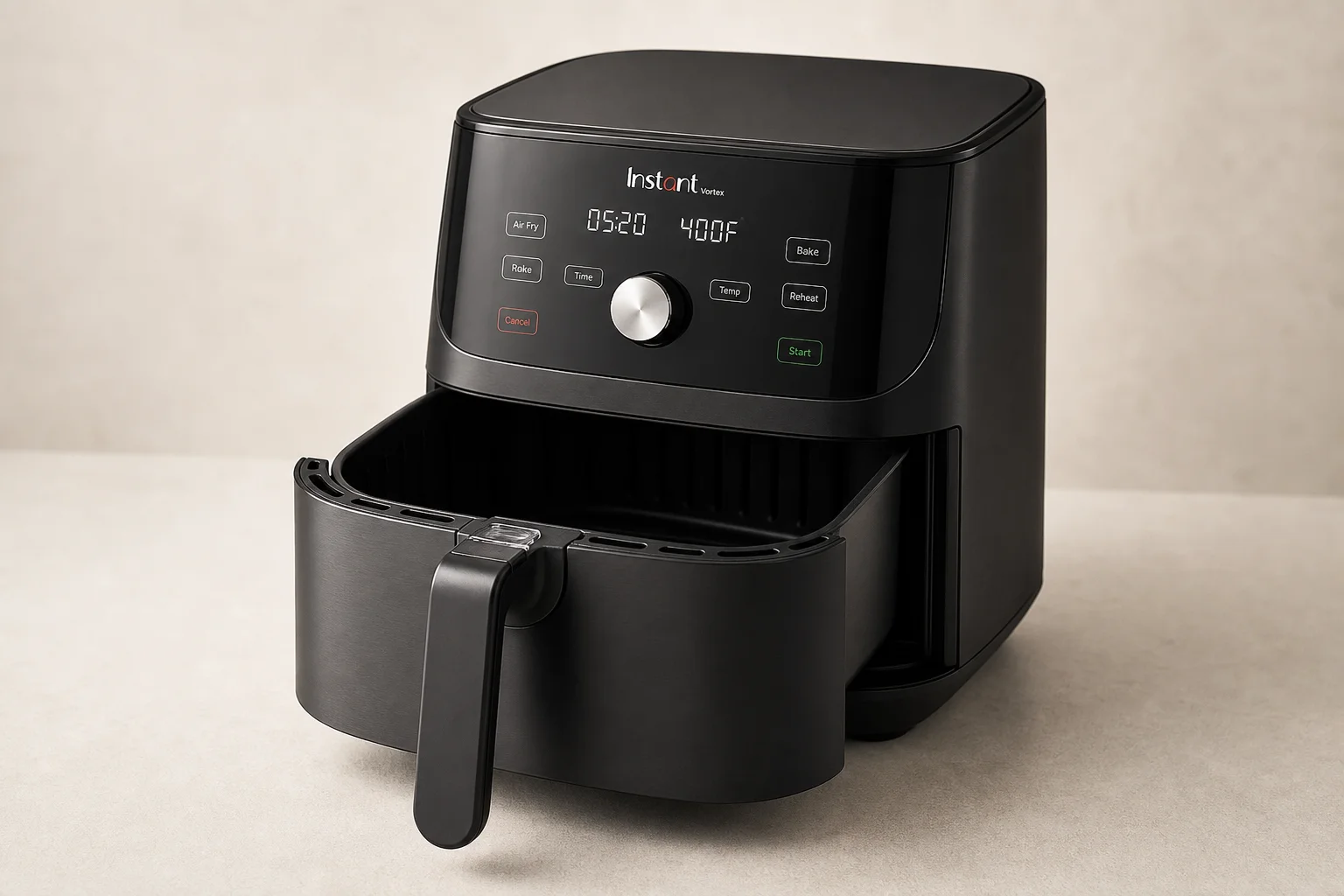 Ninja Crispi Pro glass air fryer with transparent container on neutral background