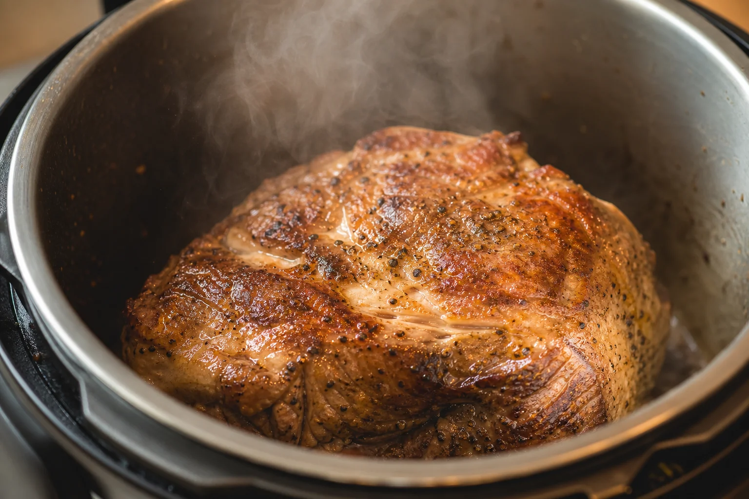 Pork shoulder browning in a multicooker with visible sizzle and steam