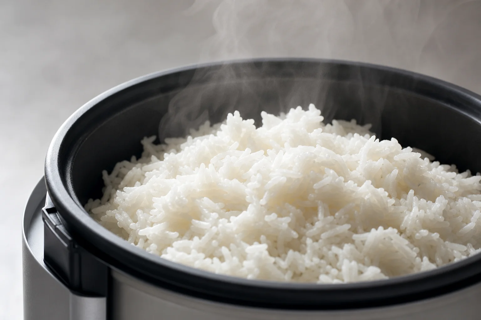 Fluffy cooked rice in a multicooker pot with steam rising