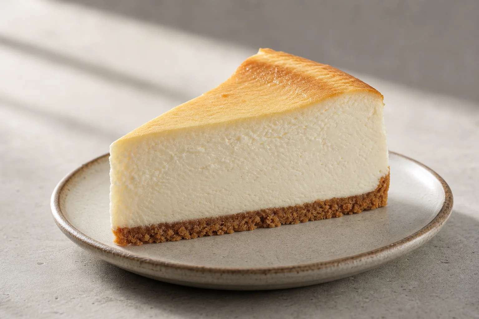Finished cheesecake on a plate with smooth creamy texture visible