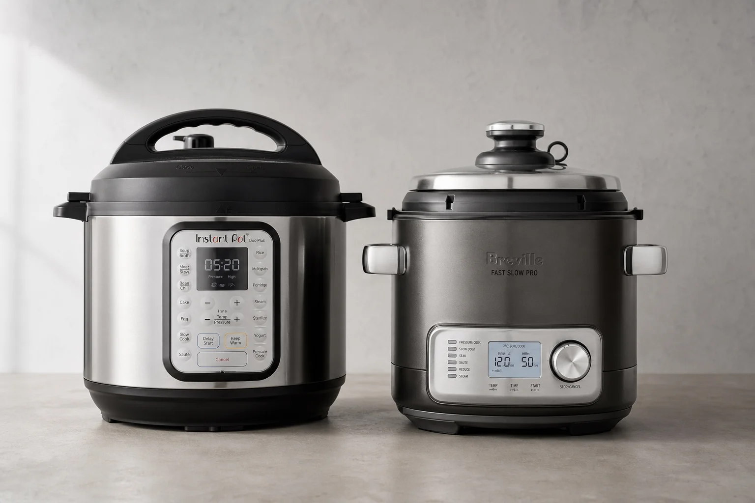 Instant Pot and Breville Fast Slow Pro multicookers side by side on concrete