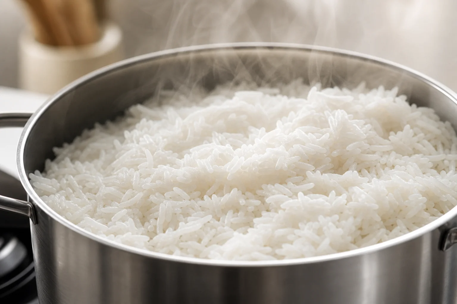 Fluffy cooked rice in a multicooker pot with steam rising