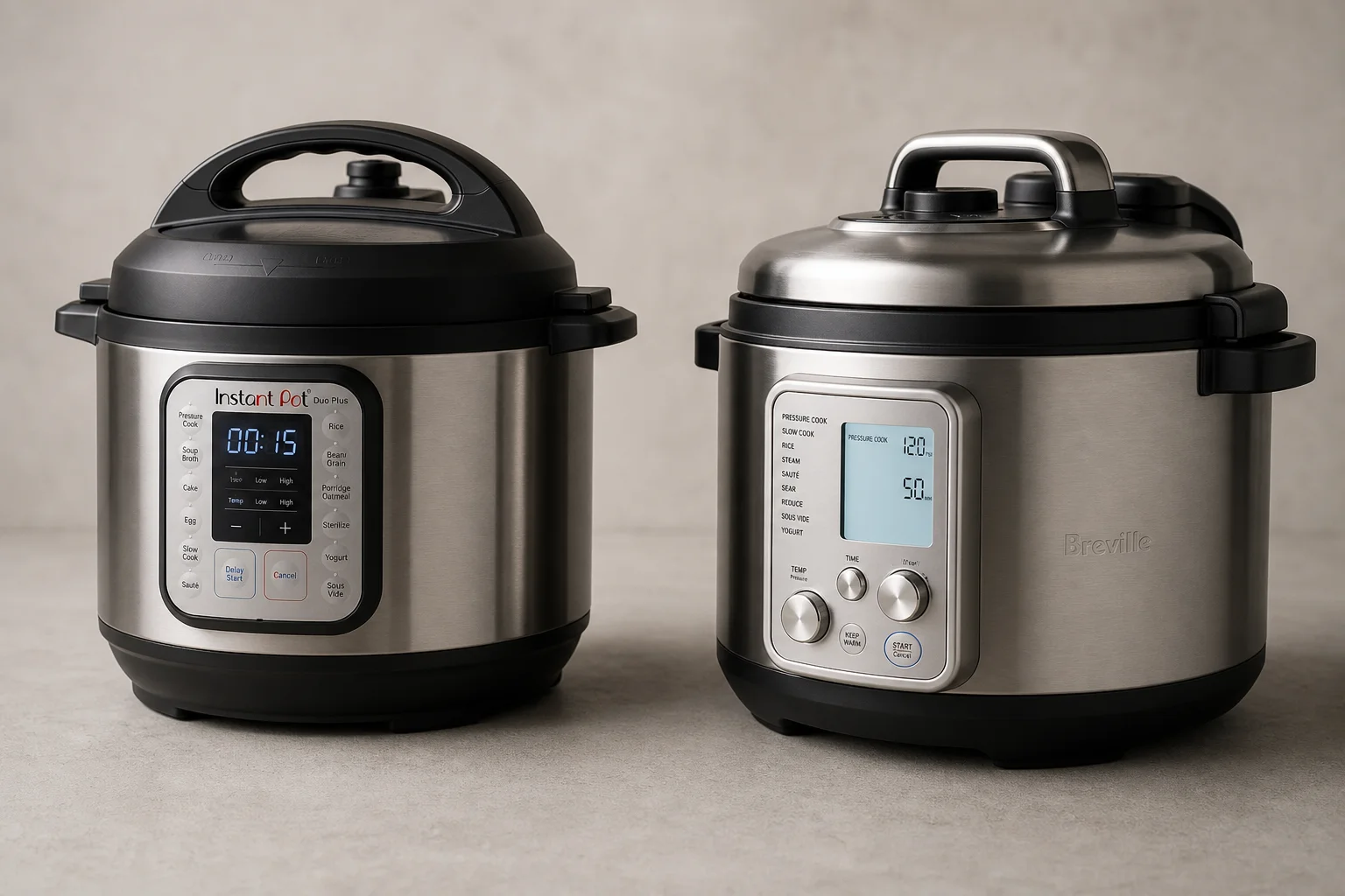 Instant Pot and Breville multicookers side by side on concrete surface