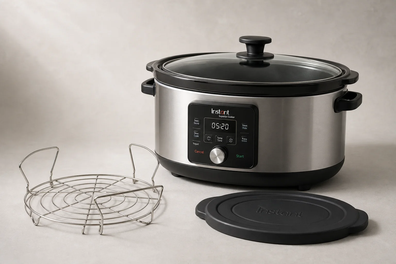 Instant Superior Cooker 慢燉鍋，配有玻璃蓋、控制面板、提拉架與運輸蓋，置於中性背景上