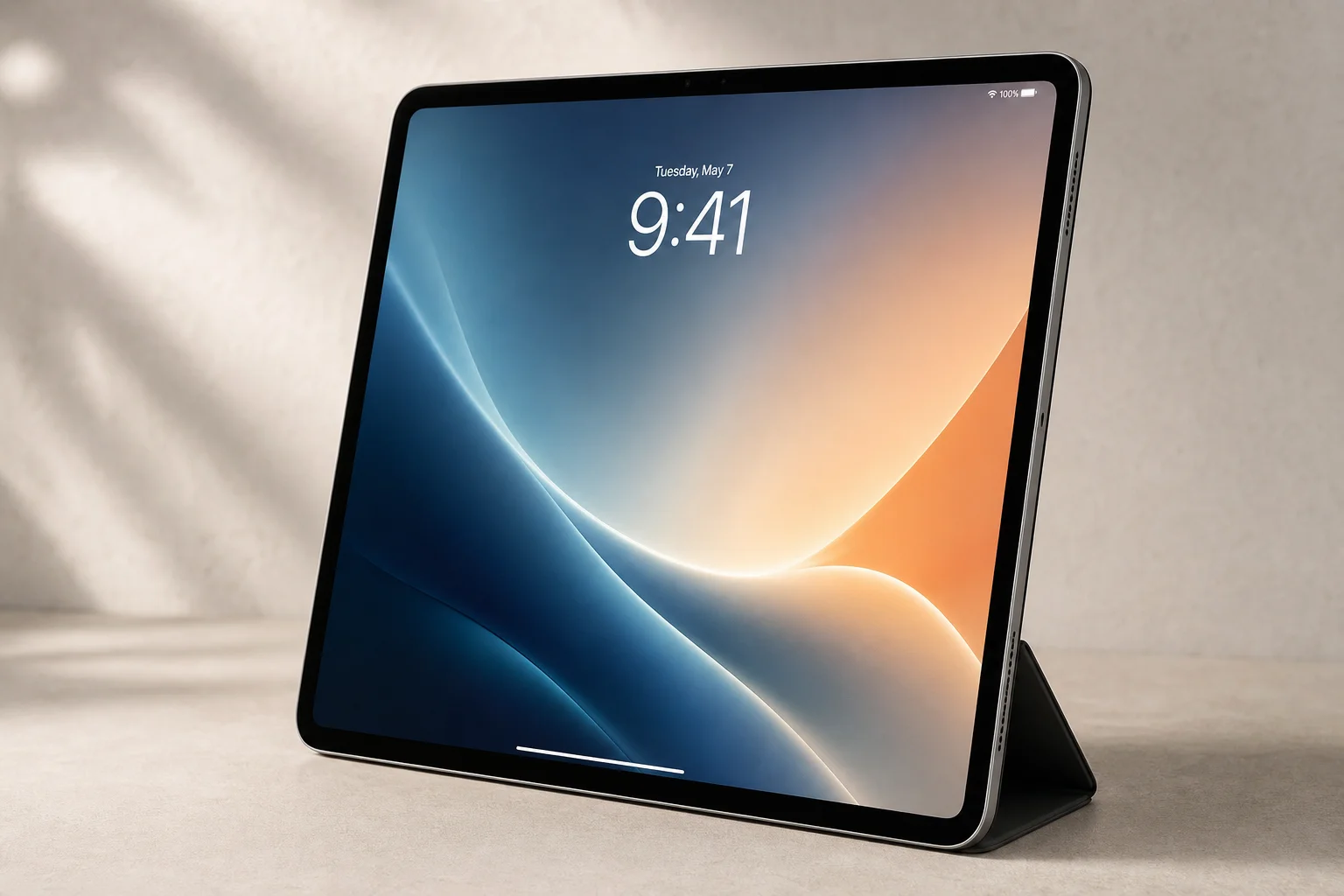 桌面上擺放著 MacBook Pro，並搭配 Dell 可攜式螢幕與 iPad 作為延伸顯示器使用