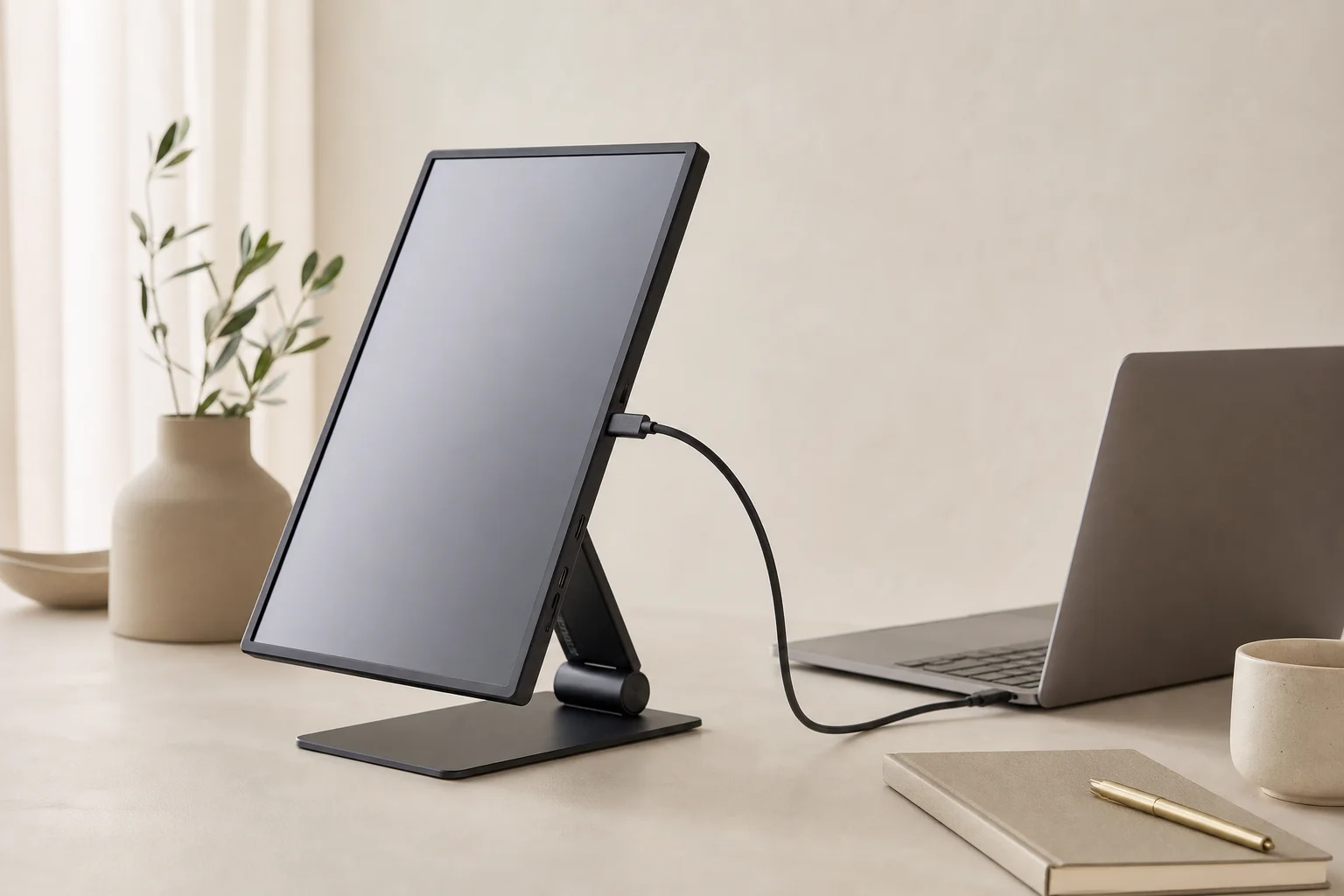 一台透過 USB-C 連接線與筆電連接並放置在桌面上的可攜式螢幕
