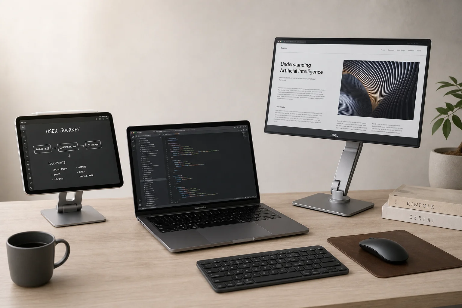 MacBook Pro with Dell portable display and iPad as secondary monitors on a desk