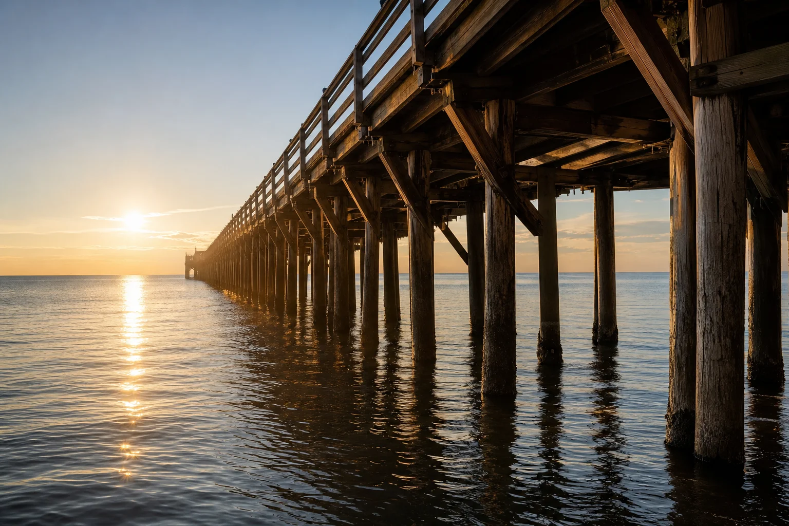 Backlit waterfront scene with sun reflecting off water and pier structure