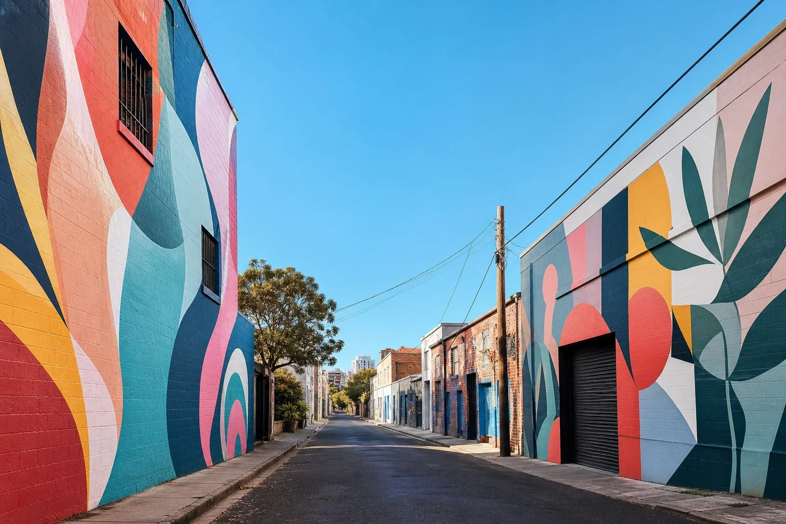 Vibrant street scene with colorful murals and blue sky