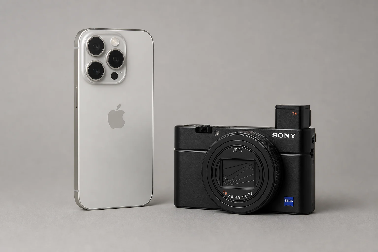 Apple iPhone 16 Pro and Sony RX100 Mark VII cameras side by side on grey backdrop