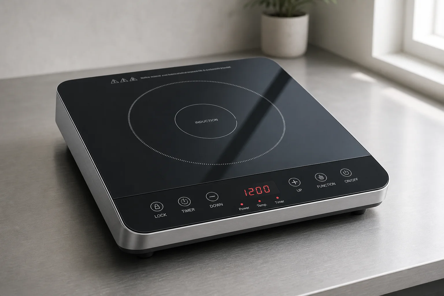 Five portable electric stoves displayed on grey concrete surface