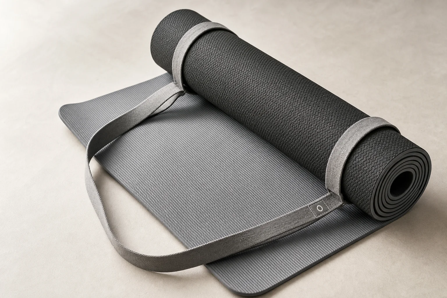 Five different yoga mats displayed on a wooden floor showing various thicknesses and colors