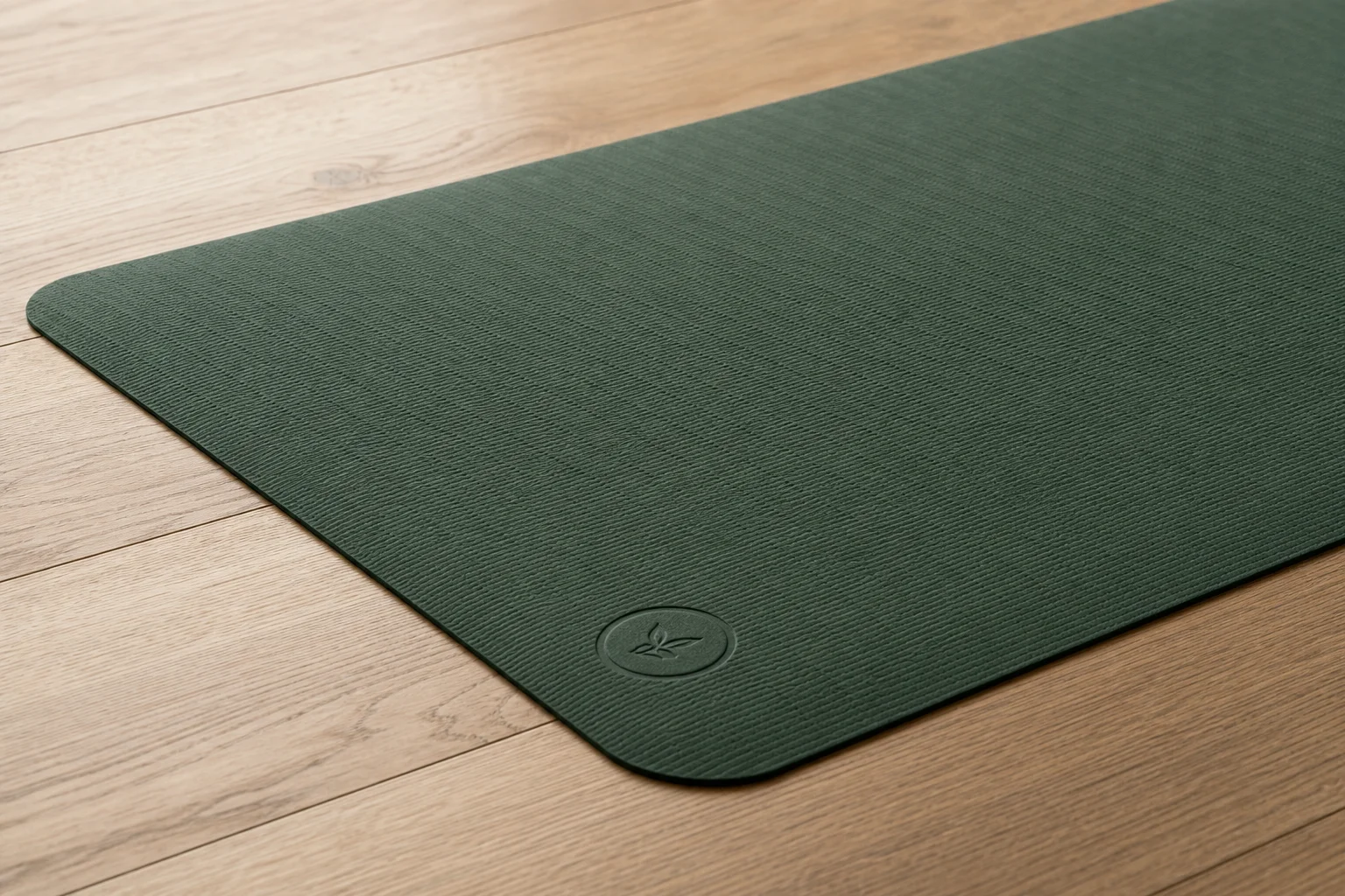Five different yoga mats displayed on a wooden floor showing various thicknesses and colors