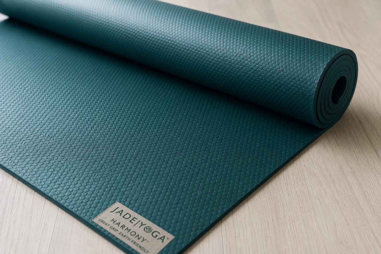 Seven different yoga mats arranged on a wooden floor showing variety of styles and colors