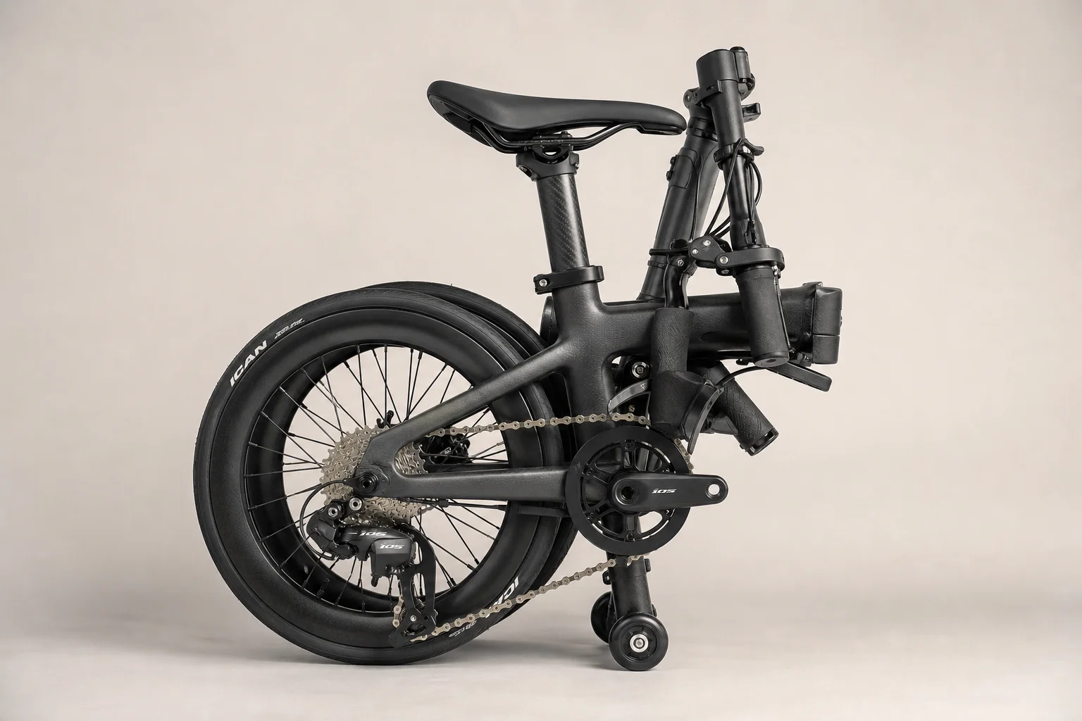 Java Neo3 Carbon trifold bicycle with electronic drivetrain in folded position