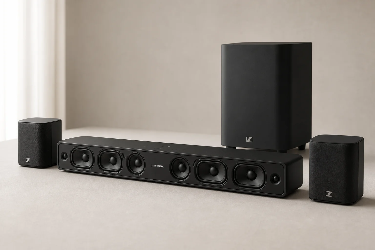 放置於中性背景上的 JBL Bar 1000 Soundbar，包含環繞喇叭與重低音揚聲器