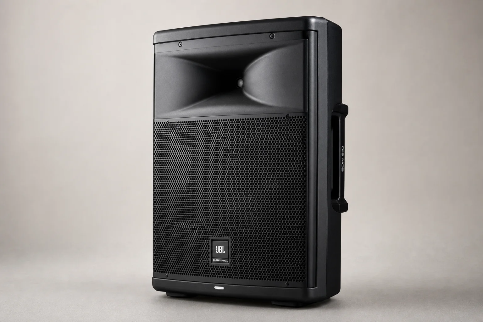 Four budget PA speakers lined up on concrete: Mackie Thrash 212, Alto TS410, JBL EON 610, Yamaha DBR10