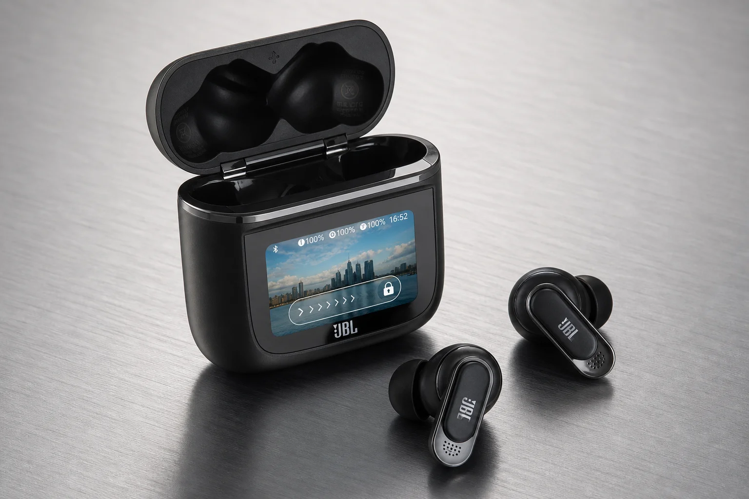 Nine earbud models arranged by price tier on concrete surface