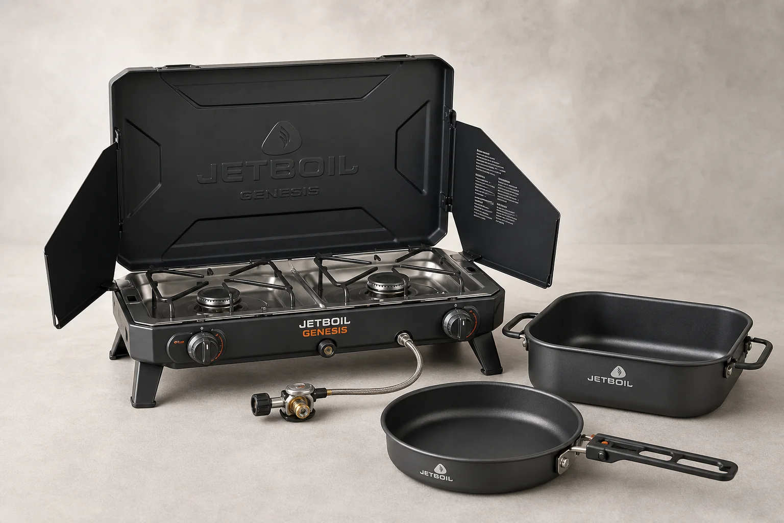 Jetboil Genesis 雙爐頭露營爐具，搭配隨附的鍋具組，置於中性背景前