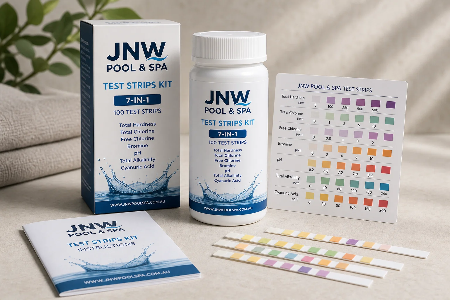 Collection of water test kits including strips, digital photometer, and test tubes on grey surface