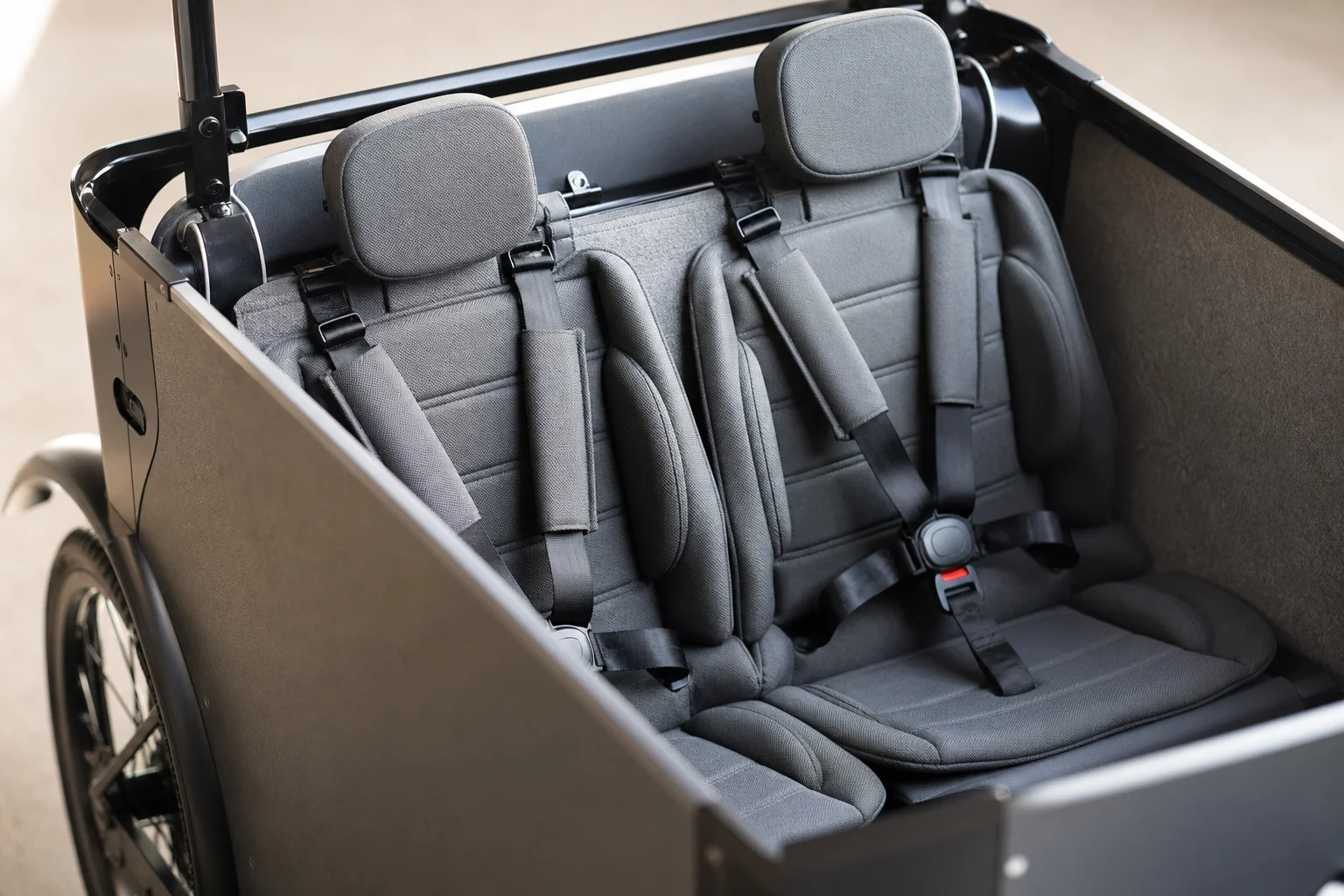 Interior view of cargo bike box showing adjustable headrests and five-point harnesses