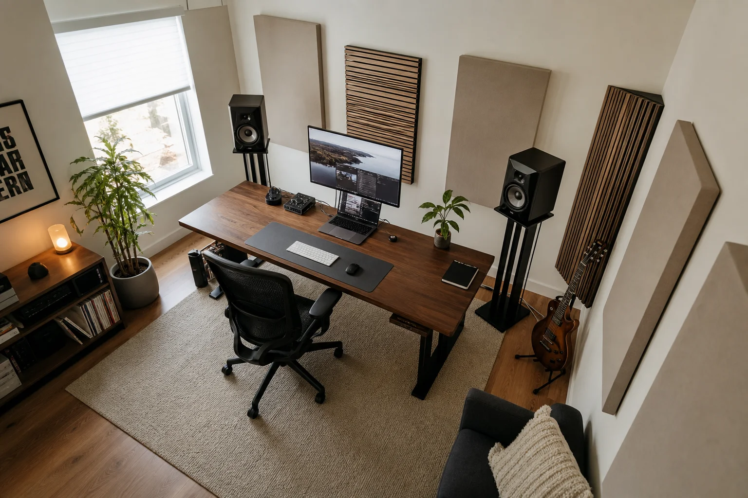 Home studio workspace with monitor speakers and acoustic treatment