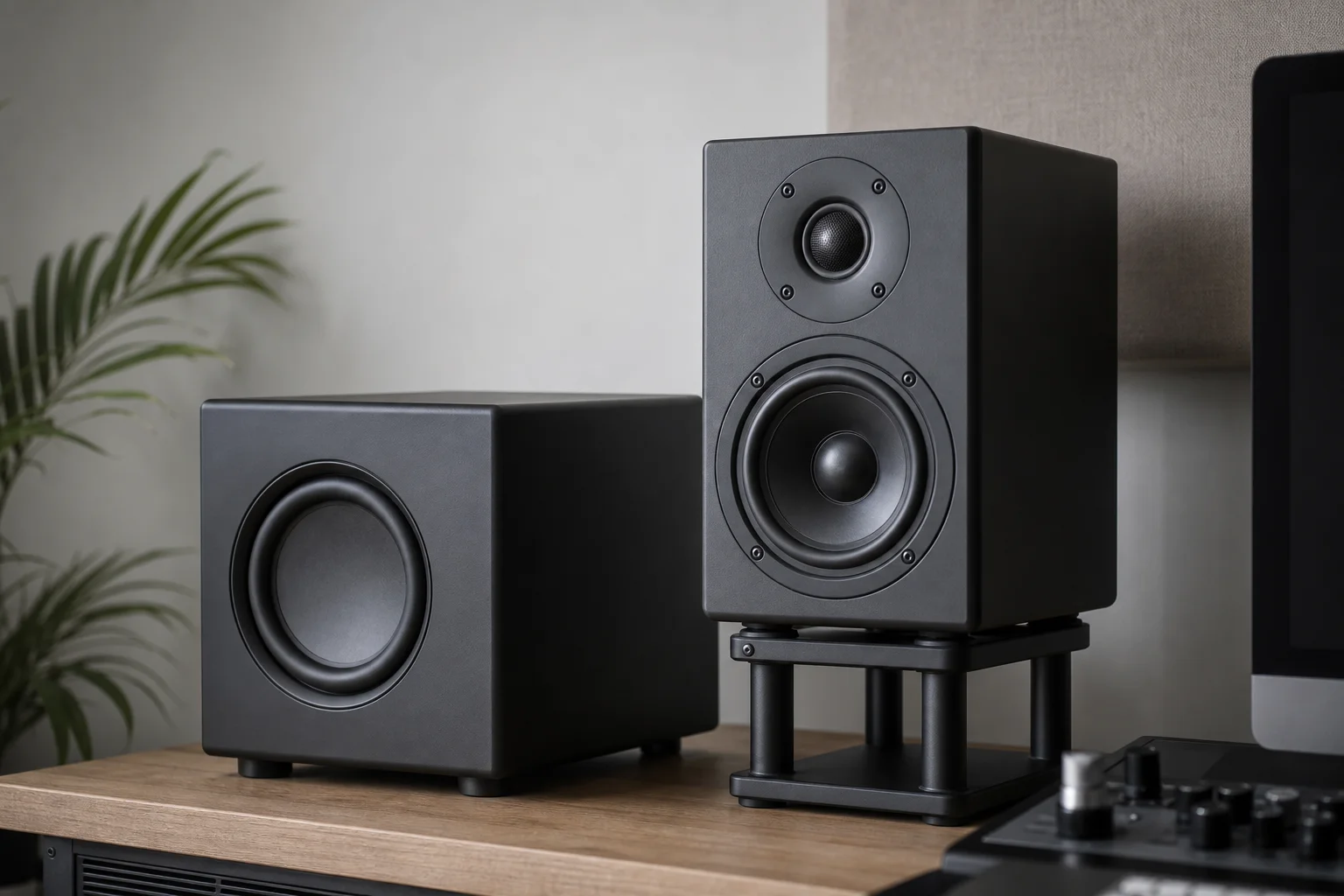 Studio monitor speaker positioned next to compact subwoofer