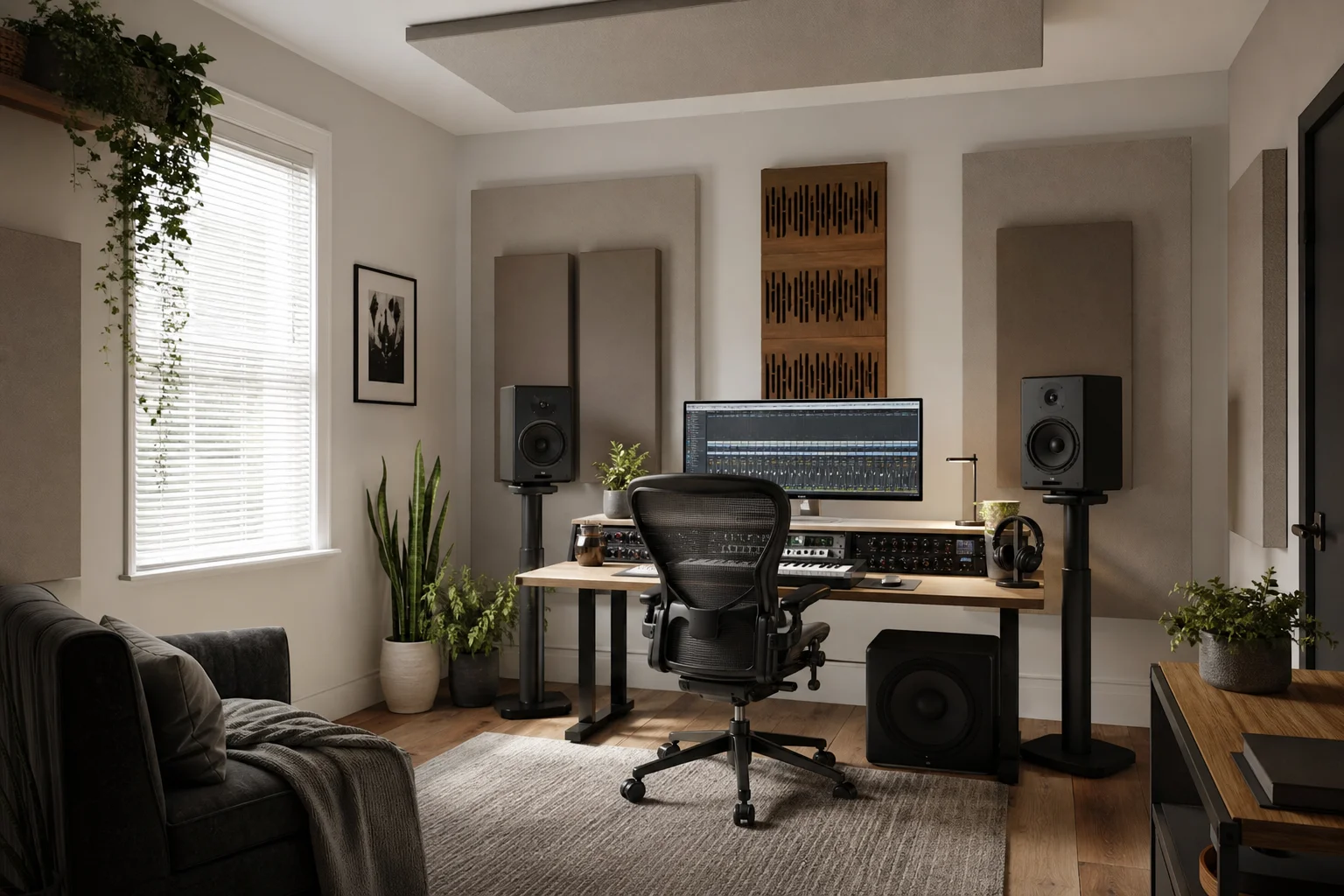 Compact home studio with subwoofer, monitors, and acoustic treatment
