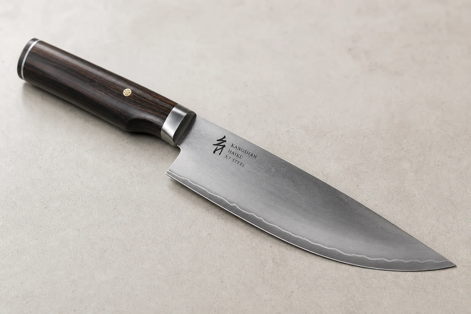 Collection of eight chef's knives arranged diagonally on concrete surface showing various styles and price points