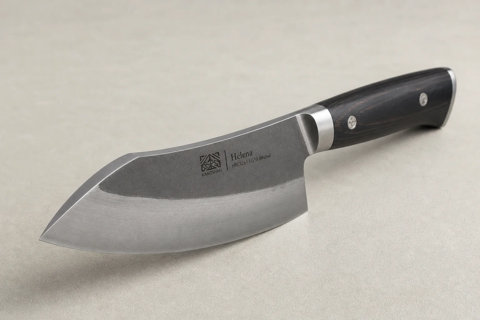 Collection of eight chef's knives arranged diagonally on concrete surface showing various styles and price points