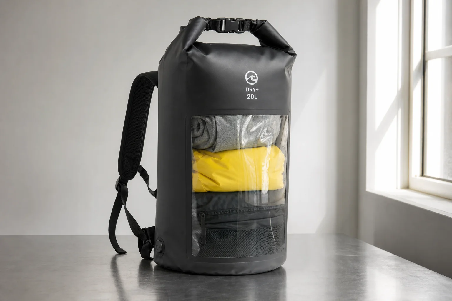 Five waterproof dry bags in various sizes and colors arranged on concrete