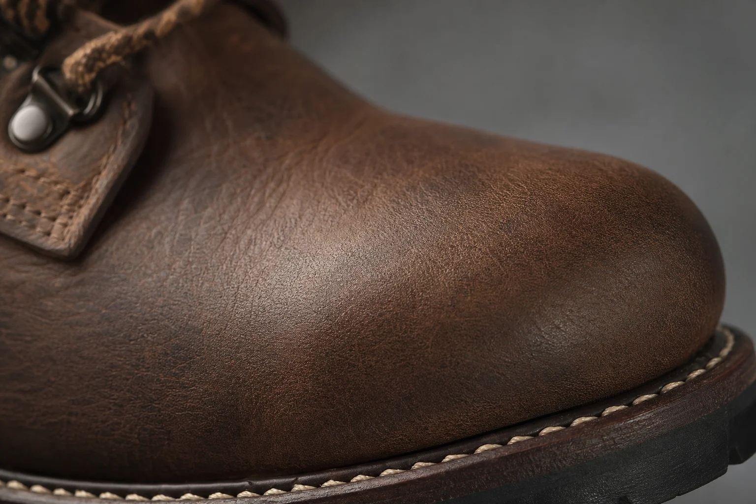 Close-up of boot leather texture showing grain pattern and matte finish