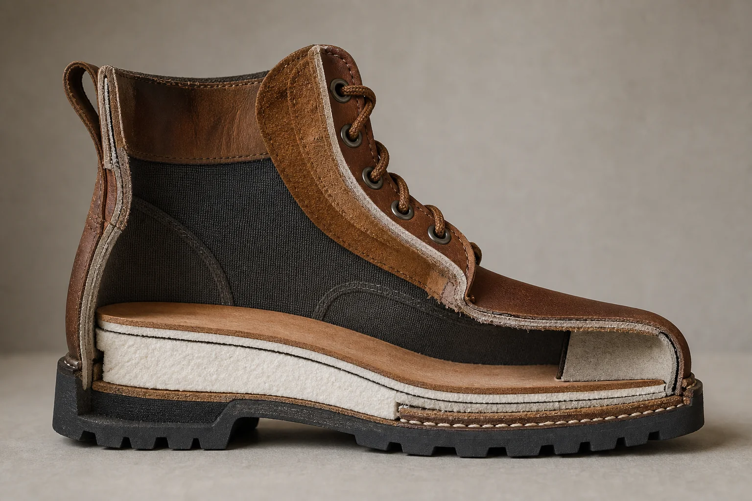 Cross-section view of boot midsole and sole construction layers