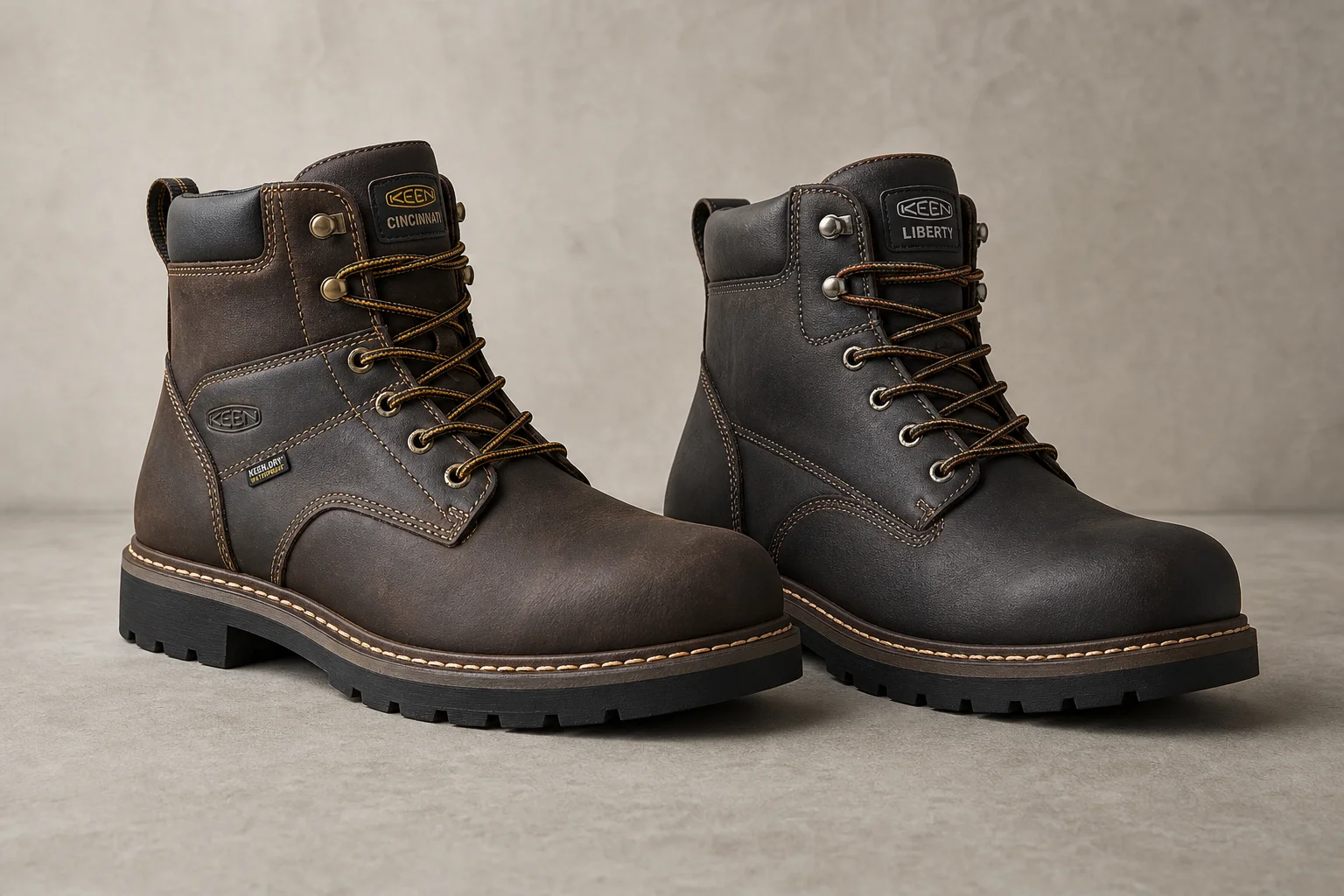 Keen Cincinnati and Liberty work boots side by side on concrete
