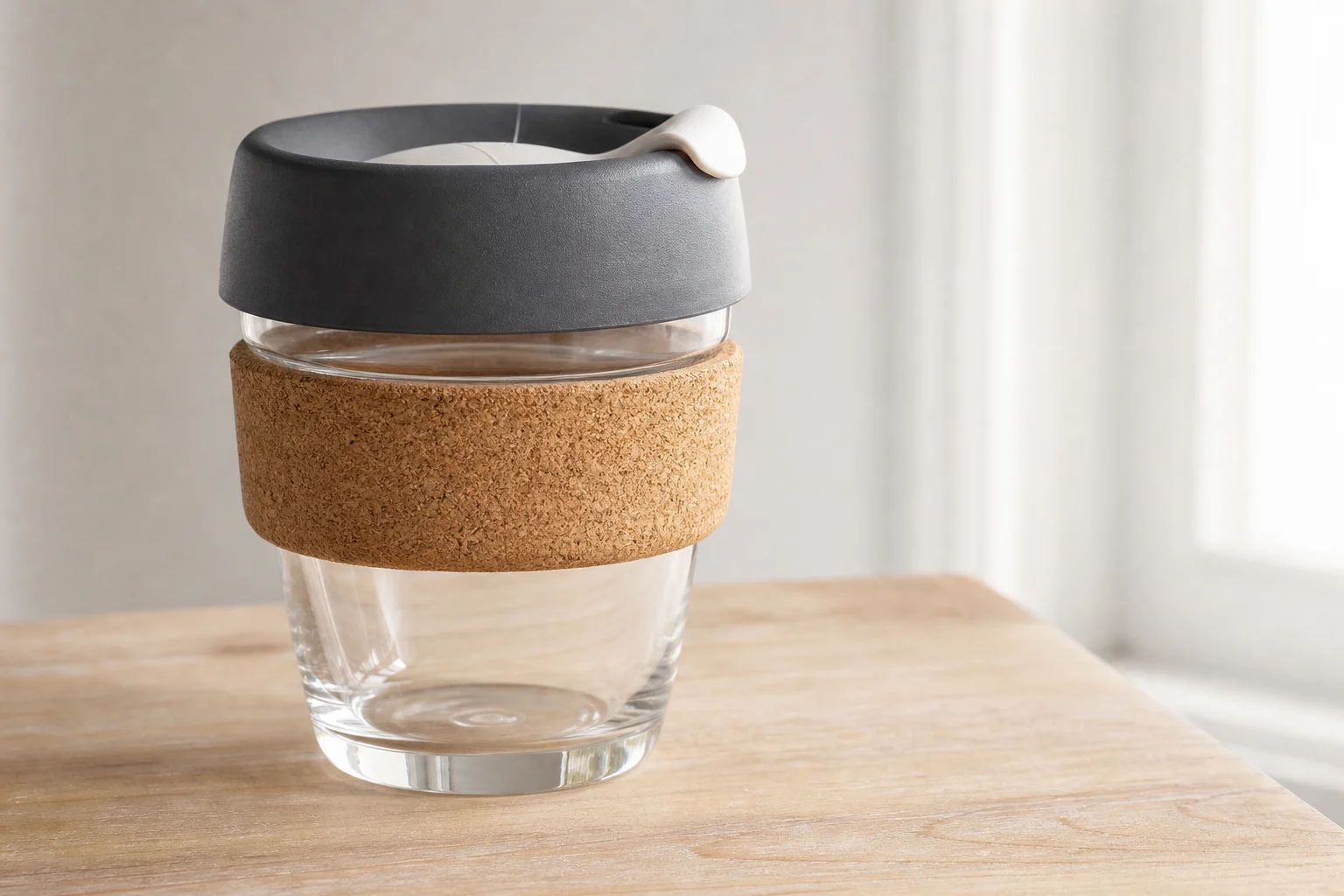 Eight reusable coffee cups arranged on concrete surface showing variety of materials and designs