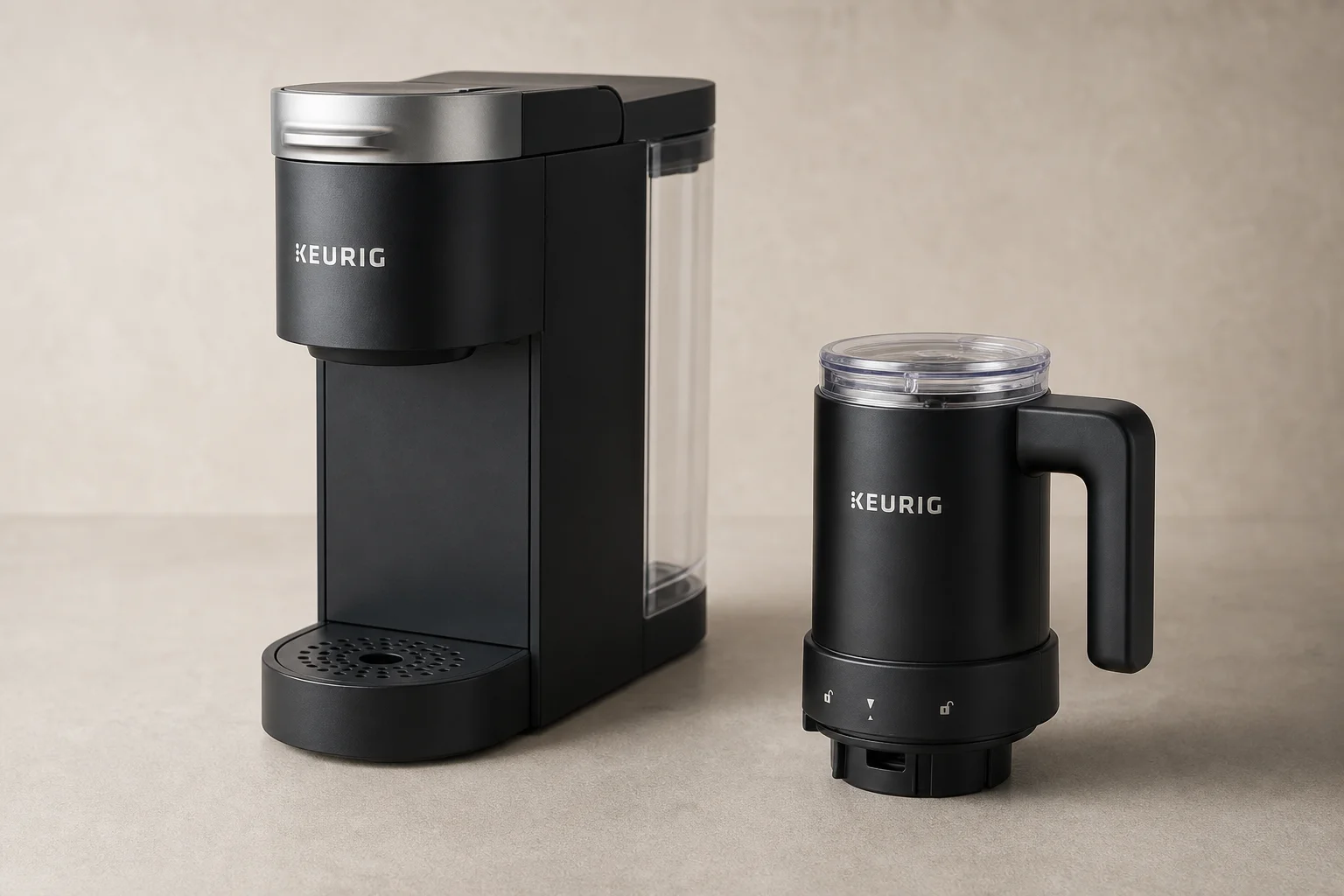 Keurig 奶泡器配件放置在咖啡機旁