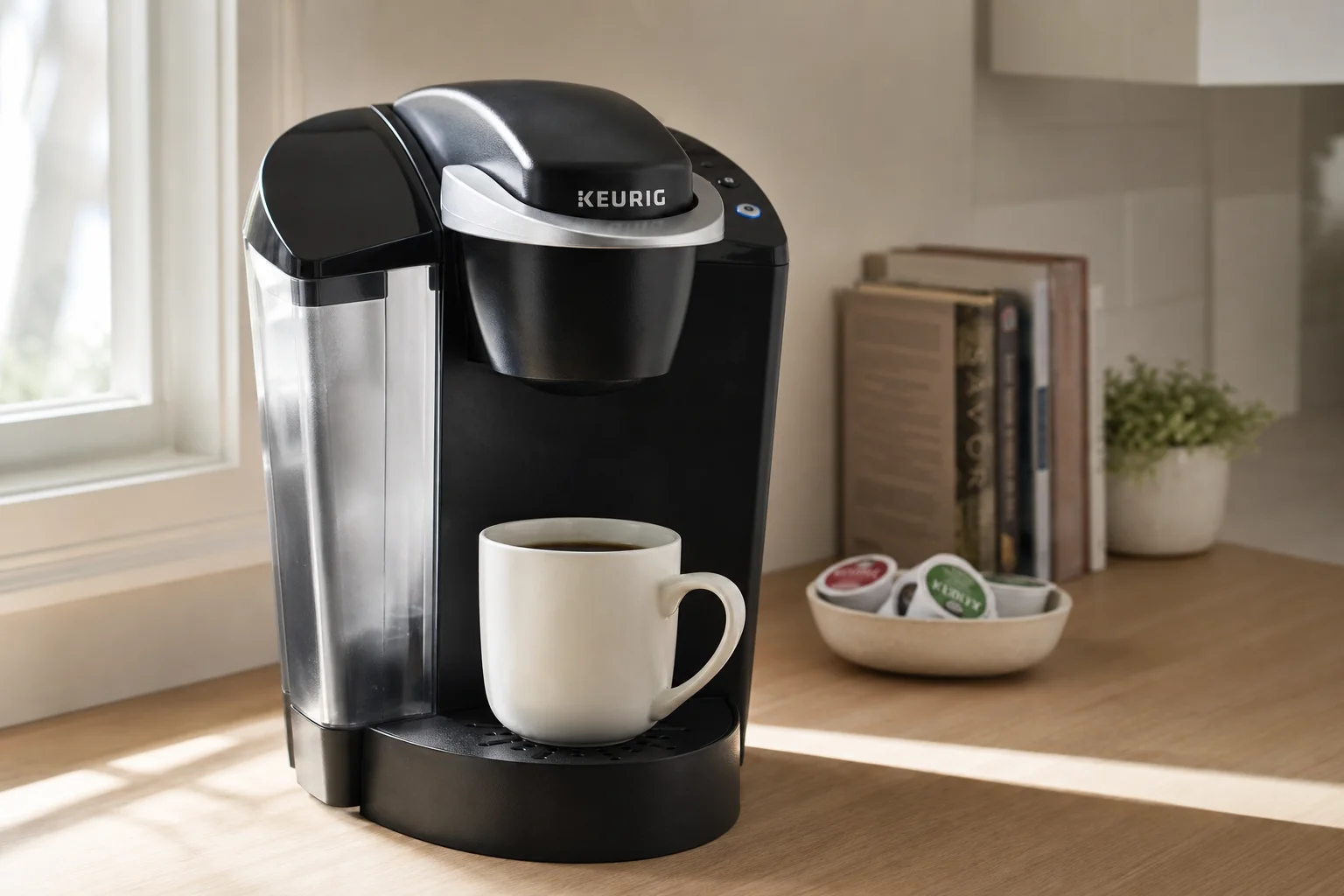 放在廚房檯面上，沐浴在晨光中的 Keurig K-Classic